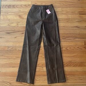 PrettyLittleThing Chocolate washed Faux Leather Straight Leg Pants NWT